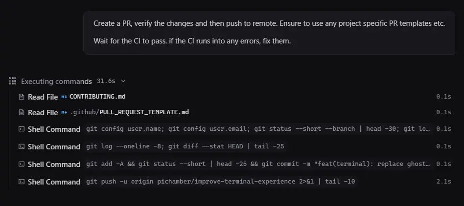 PiChamber session executing commands and pushing a branch