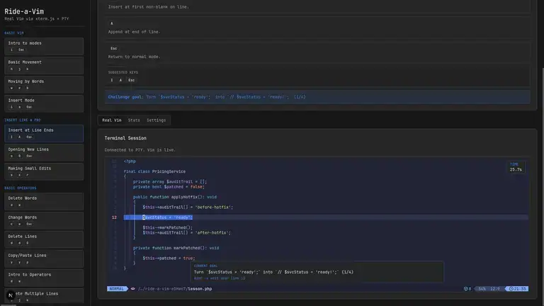 Ride-a-Vim - Interactive Neovim Learning Platform