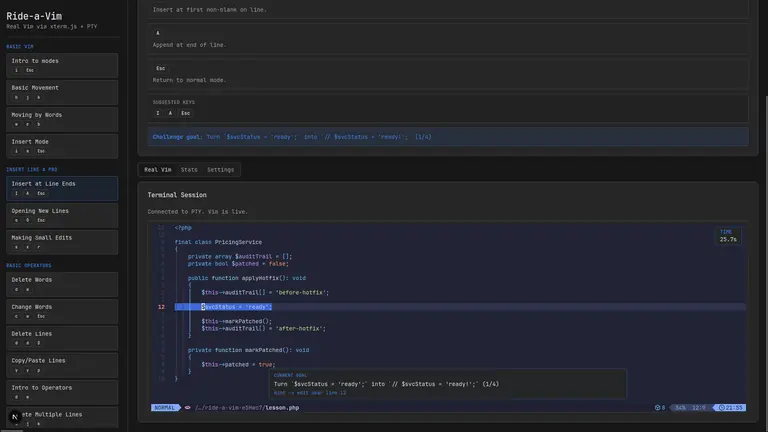 Ride-a-Vim interactive Neovim learning platform preview