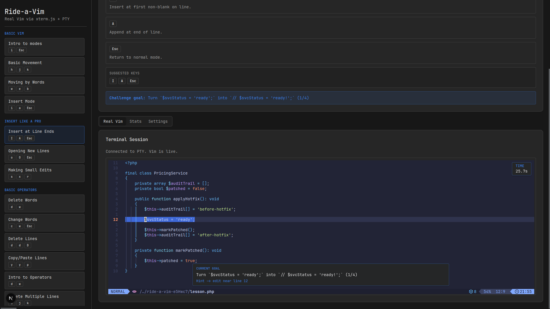 Ride-a-Vim project interface screenshot